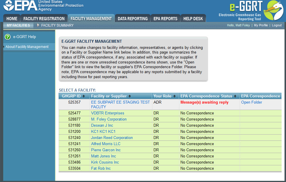 Facility Selections Screen